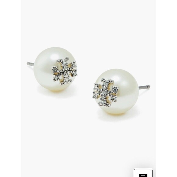 Tory Burch Earrings Kira Pearl Stud Pearl Silver Crystal Dobule T Logo Designer - Picture 1 of 6